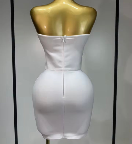 Women White Rhinestone Strapless Sexy Bandage Dress