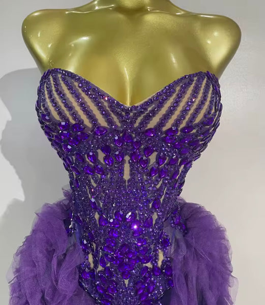 Women Sexy Strapless Purple Ruffle Rhinestone Mesh Dress