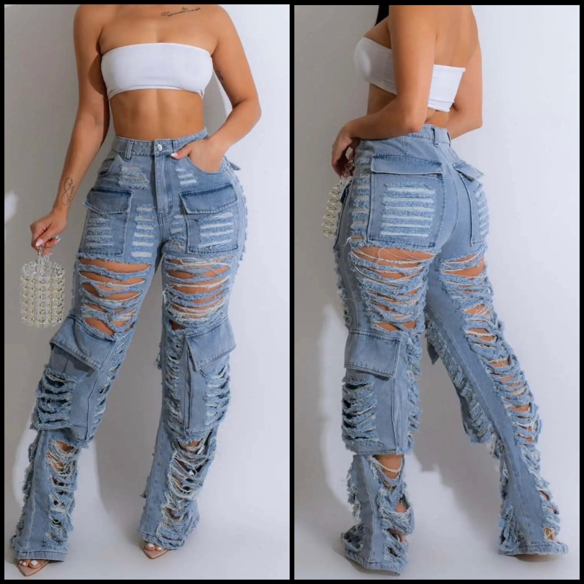 Women Fashion Ripped Cargo Denim Pants