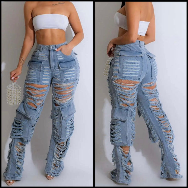 Women Fashion Ripped Cargo Denim Pants