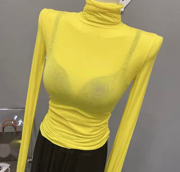 Women Fashion Turtleneck Full Sleeve Mesh Top