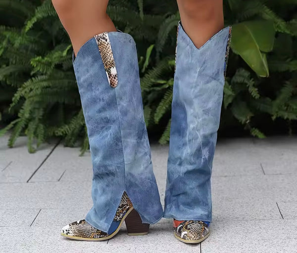 Women Fashion Color Animal Print Denim Knee High Western Boots