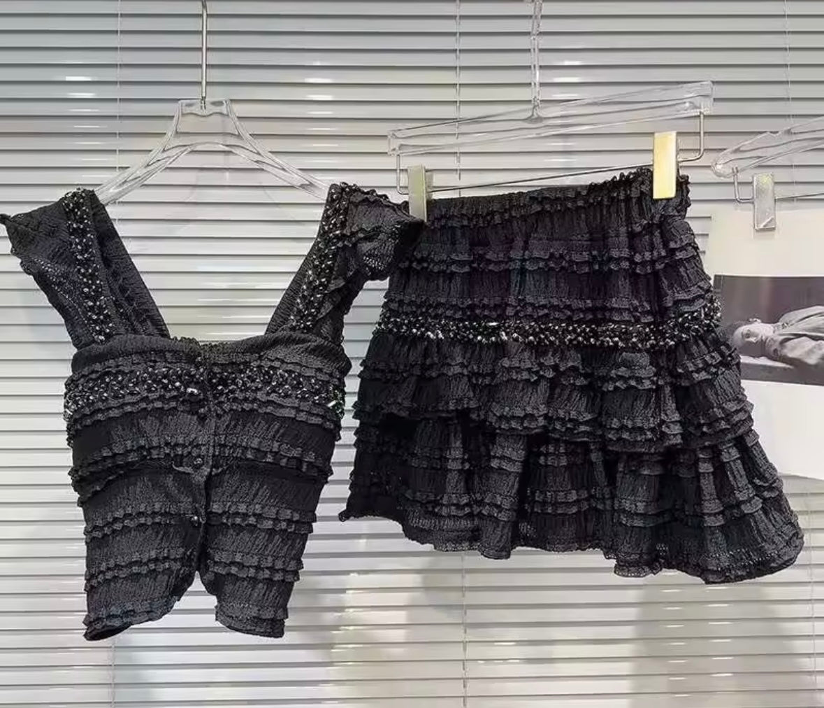 Women Sleeveless Bling Ruffled Sexy Two Piece Skirt Set