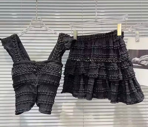 Women Sleeveless Bling Ruffled Sexy Two Piece Skirt Set