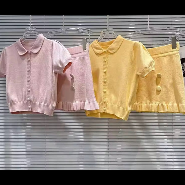 Women Collar Button Up Short Sleeve Two Piece Skirt Set