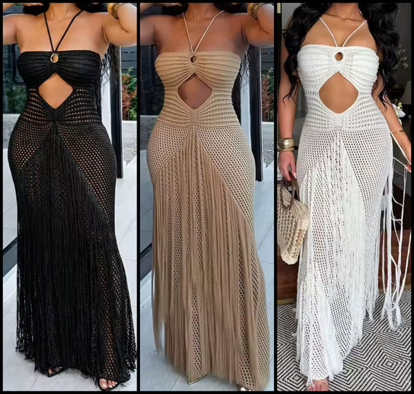 Women Sexy Halter Sleeveless Knitted Tassel Maxi Dress