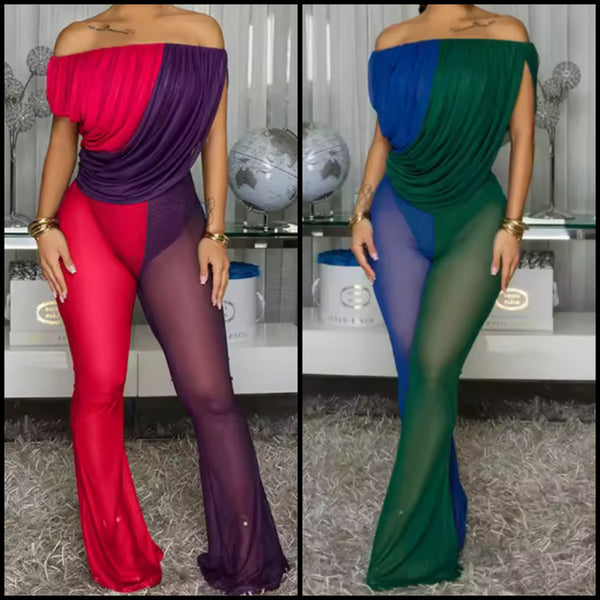 Women Off The Shoulder Draped Color Patchwork Jumpsuit