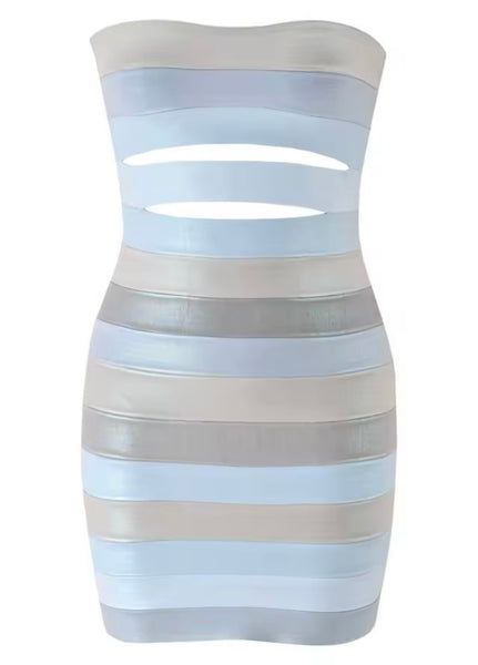 Women Sexy Striped Strapless Faux Leather Dress