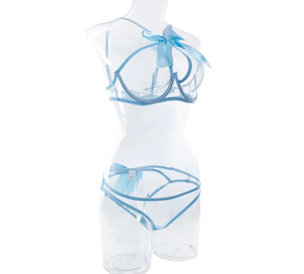 Women Sexy Blue Bow Mesh Lingerie Set