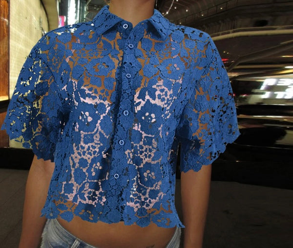Women Sexy Fashion Blue Lace Short Sleeve Button Up Top