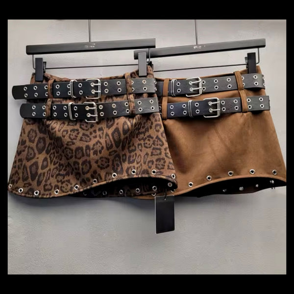 Women Fashion Rivet Double Belt Suede Skirt