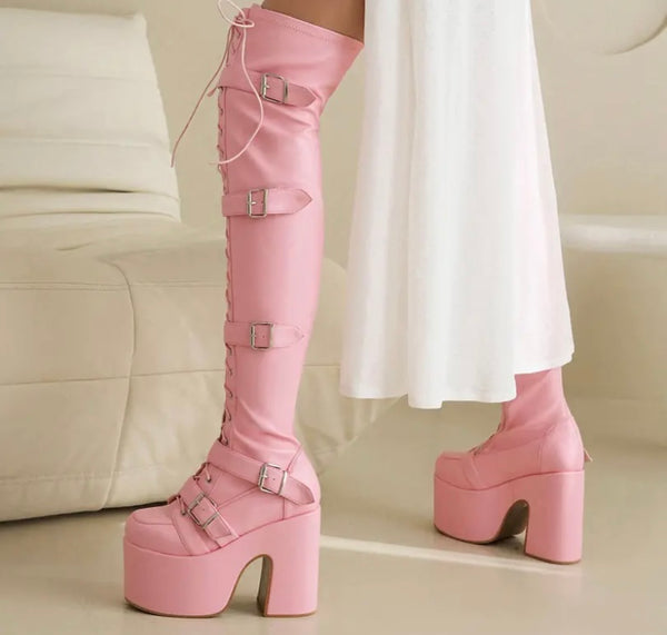 Women Fashion Over The Knee Lace Up Buckled Platform Boots