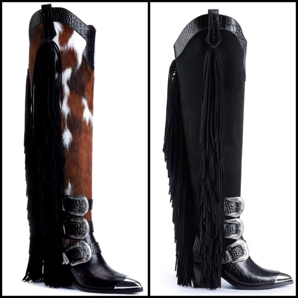 Women Fashion Fringe Buckled Knee High Western Boots