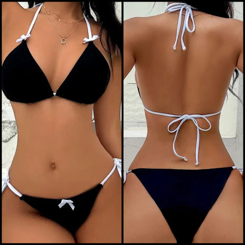 Women Sexy B&W Bow Tie Up Halter Bikini Swimsuit