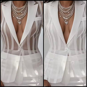 Women White See Through Mesh Fashion Full Sleeve Blazer Top