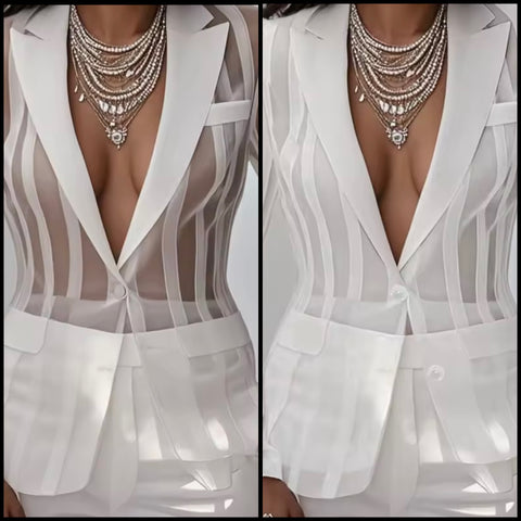 Women White See Through Mesh Fashion Full Sleeve Blazer Top