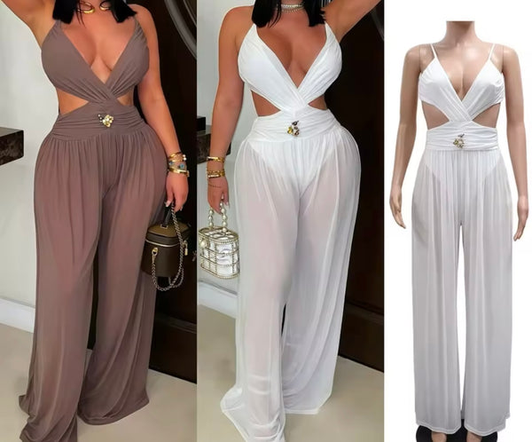Women Sexy Sleeveless Beaded Mesh Cut Out Jumpsuit