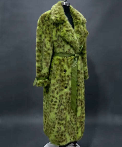 Women Fashion Green Leopard Print Faux Fur Long Jacket