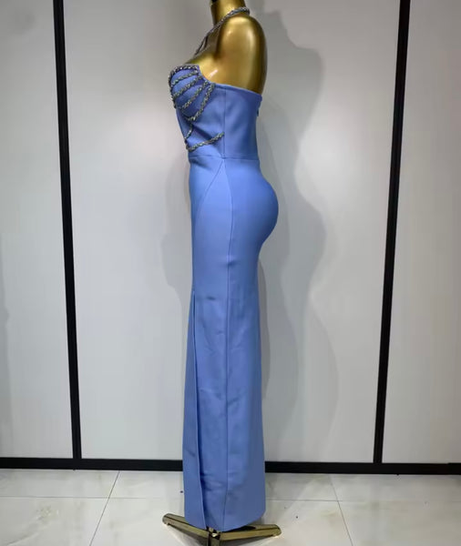 Women Sexy Rhinestone Halter Sleeveless Bandage Maxi Dress
