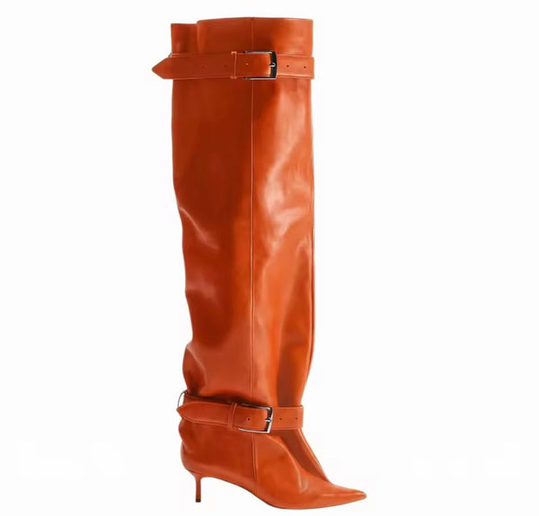 Women Pointed Toe Double Buckle Knee High Boots