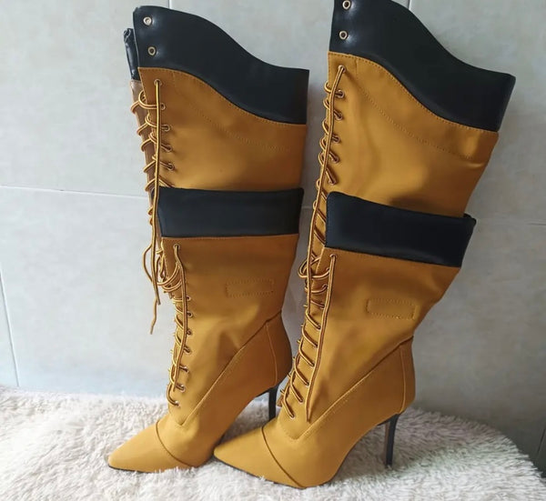 Women Pointed Toe Lace Up Knee High Fashion Boots