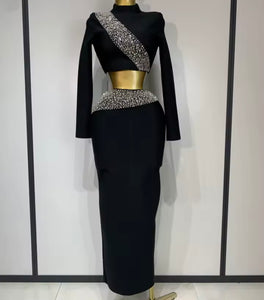 Women Beaded Bling Full Sleeve Sexy Two Piece Maxi Skirt Set