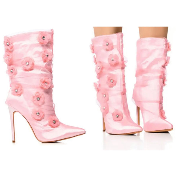 Women Fashion Pink Floral Rivet High Heel Ankle Boots