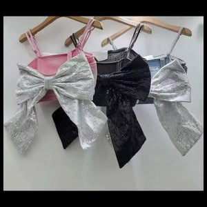 Women Sleeveless Sequins Bow Denim Crop Top