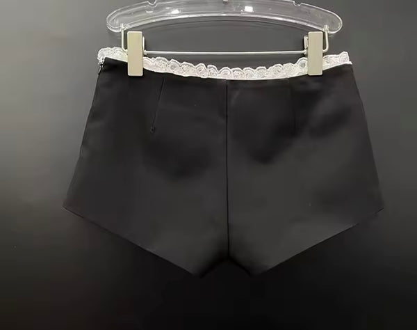Women White Ruffle Button Up Two Piece Black Short Set