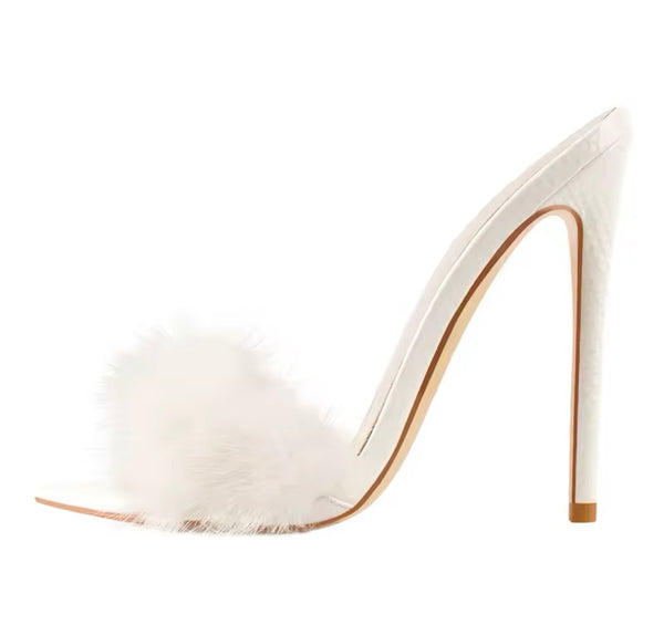 Women Color Open Pointed Toe Fashion Faux Fur High Heel Sandals