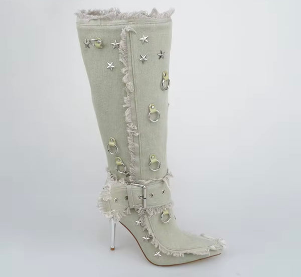 Women Fashion Rivet Fringe Buckle Denim Knee High Boots