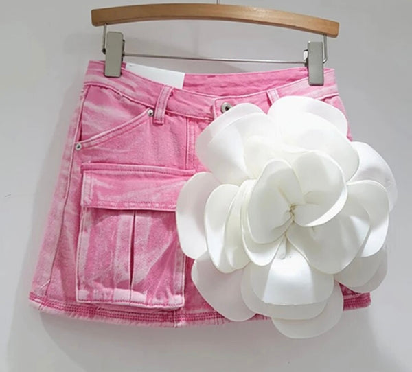 Women Fashion Pocket Color Floral Denim Skirt