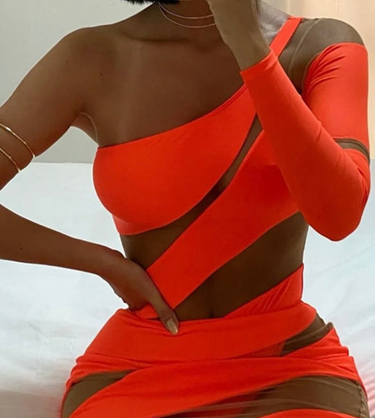 Women Sexy One Shoulder Orange Mesh Patchwork Bodysuit Two Piece Skirt Set