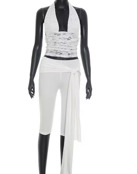 Women Sexy Halter Lace Patchwork Two Piece Capri Pant Set