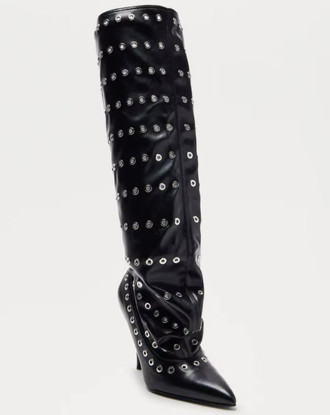 Women Fashion Black Rivet Faux Leather Knee High Boots