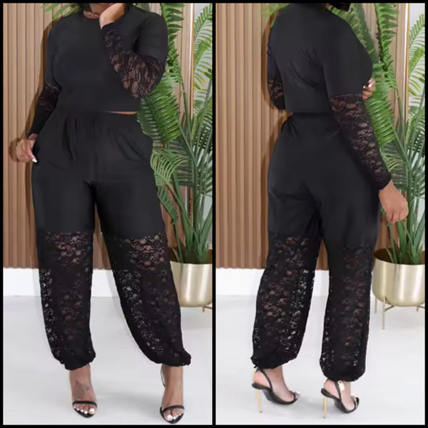 Women Black Lace Patchwork Full Sleeve Two Piece Pant Set