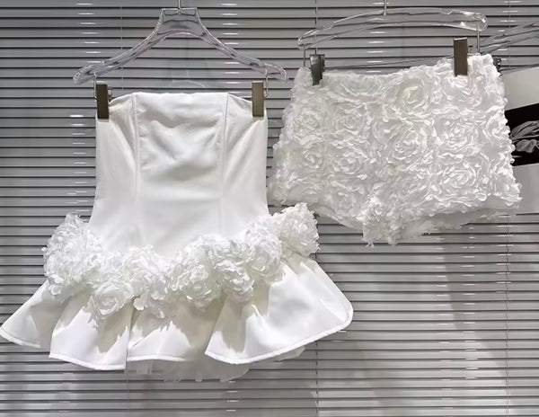 Women Sexy Strapless 3D Floral Shorts Two Piece  Dress Set