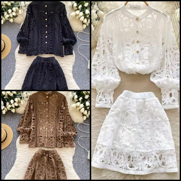 Women Lace Button Up Full Sleeve Two Piece Skirt Set