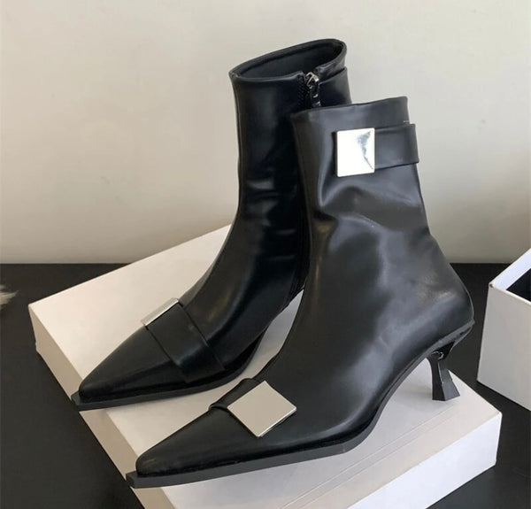 Women Black Pointed Toe Buckled Fashion Ankle Boots