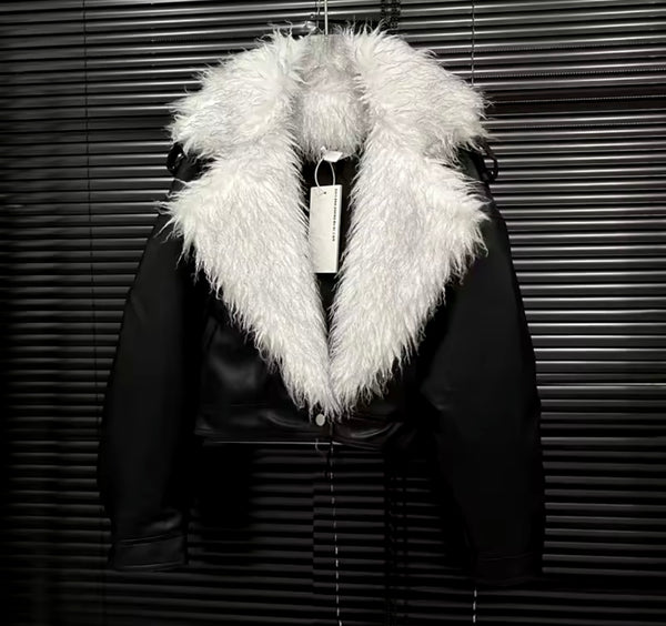 Women B&W Fur Faux Leather Back Zipper Jacket