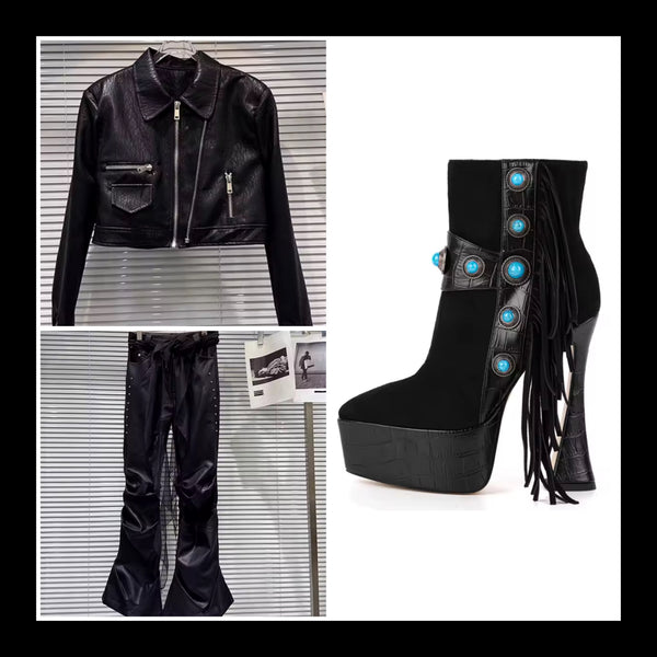 Women Fashion Suede Tassel Rivet Metal Platform Ankle Boots