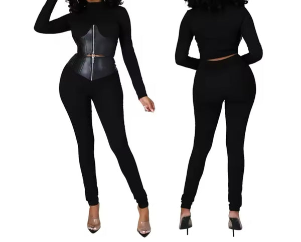 Women Sexy Zipper PU Patchwork Full Sleeve Two Piece Pant Set