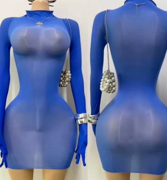 Women Sexy Blue See Through Glove Full Sleeve Mesh Dress