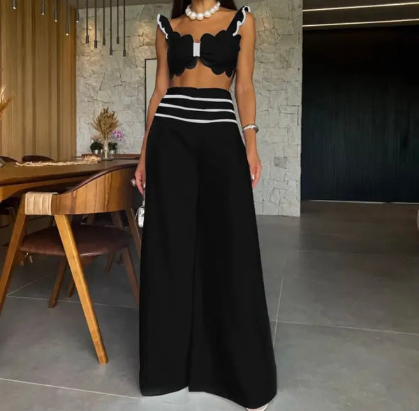 Women Sexy Ruffled Sleeveless Two Piece Wide Leg Pant Set