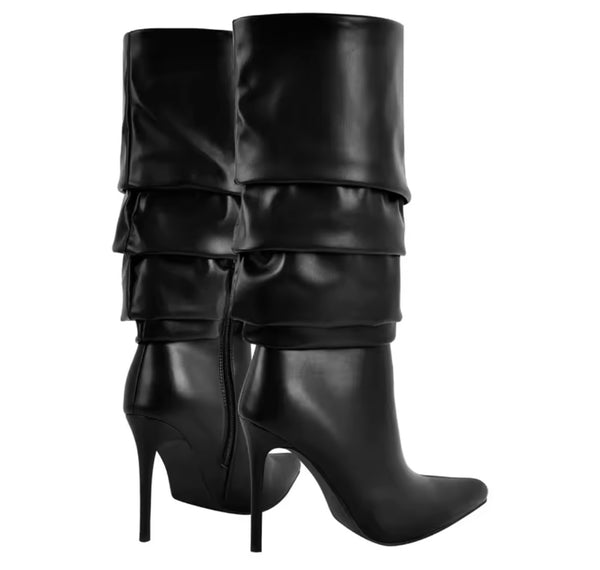 Women Fashion Pointed Toe Black Pleated High Heel Boots