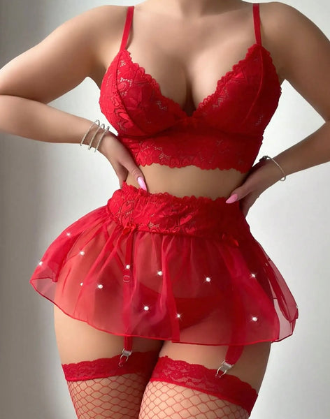 Women Sexy Red Pearl Ruffled Mesh Lingerie Set
