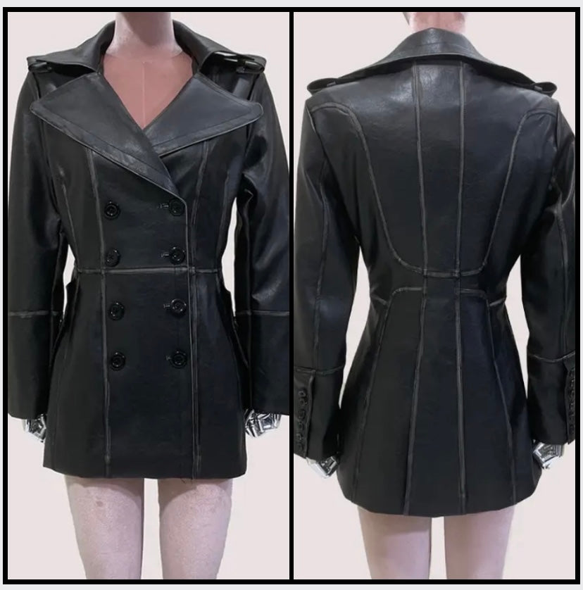 Women Black Fashion Faux Leather Trench Short Jacket