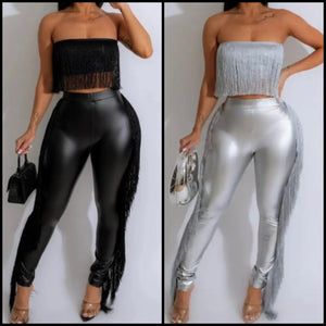 Women Sexy Fringe Tassel Strapless Two Piece Pant Set