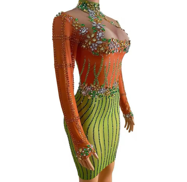 Women Sexy Rhinestone Color Patchwork Full Sleeve Mesh Dress