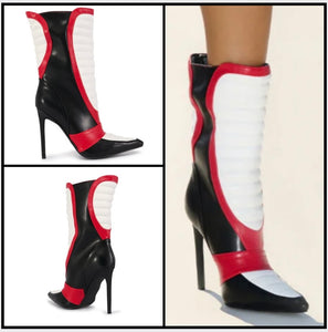 Women Color Patchwork Pointed Toe Faux Leather Ankle Boots